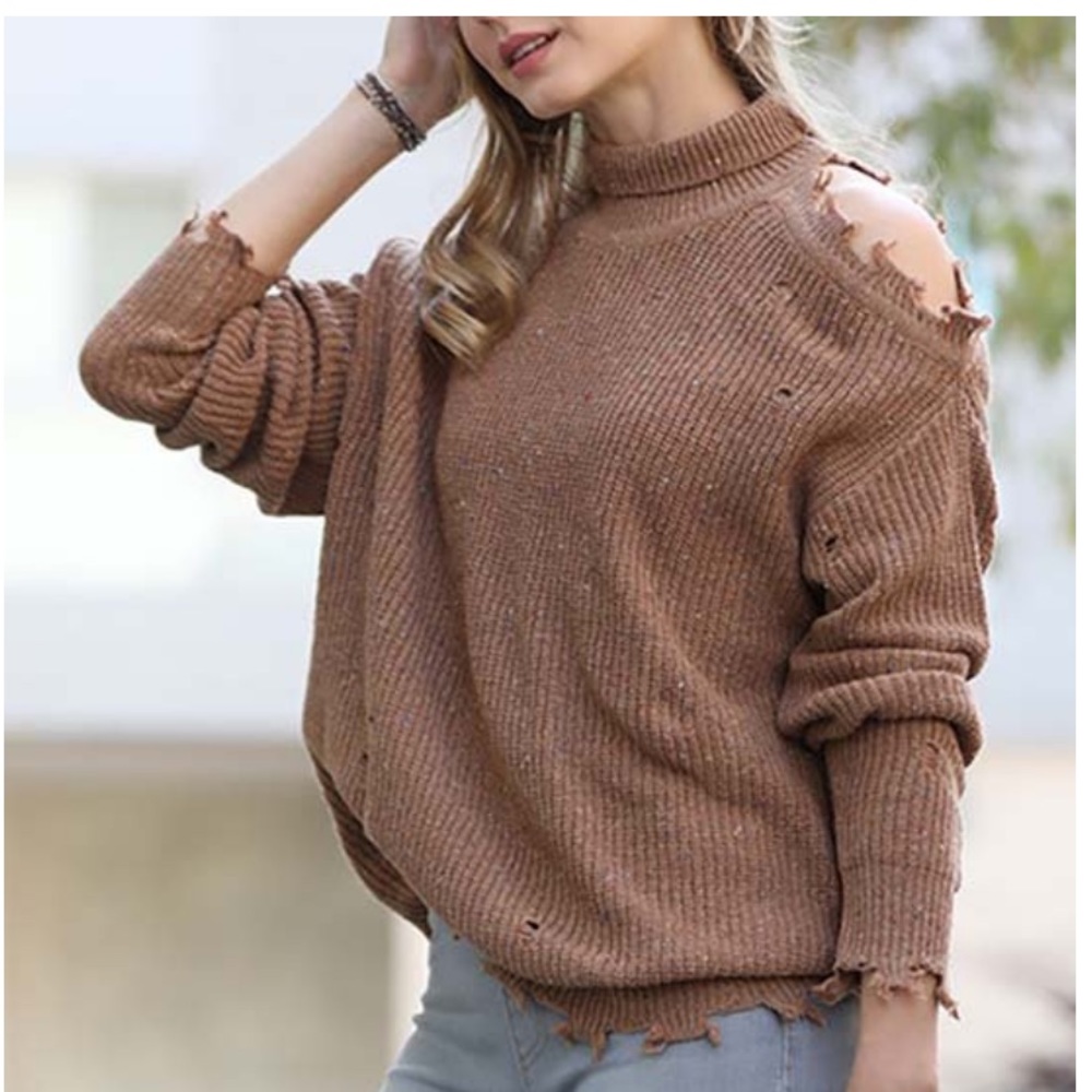 42POPS - Deep Camel Speckle Distressed Cutout Turtleneck Sweater - Women NWOT
